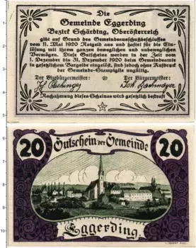 Банкнота 20 геллеров Австрии 1920 года Эггердинг