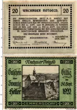 Банкнота 20 геллеров Австрии 1920 года Эммерсдорф