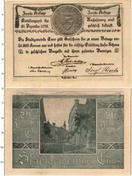 Банкнота 20 геллеров Австрии 1920 года Энс