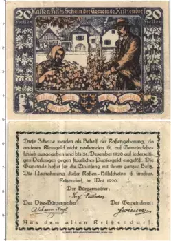 Банкнота 20 геллеров Австрии 1920 года Критцендорф