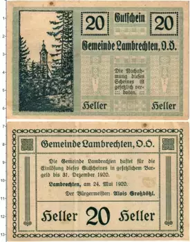 Банкнота 20 геллеров Австрии 1920 года Ламбрехтен