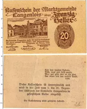 Банкнота 20 геллеров Австрии 1920 года Лангенлойс