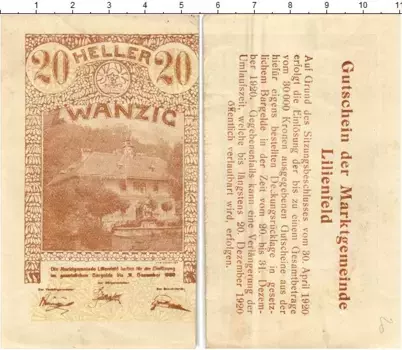 Банкнота 20 геллеров Австрии 1920 года Лилинфельд