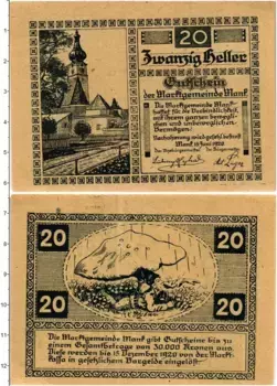 Банкнота 20 геллеров Австрии 1920 года Манк