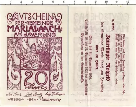 Банкнота 20 геллеров Австрии 1920 года Мария-Лах-ам-Яуэрлинг