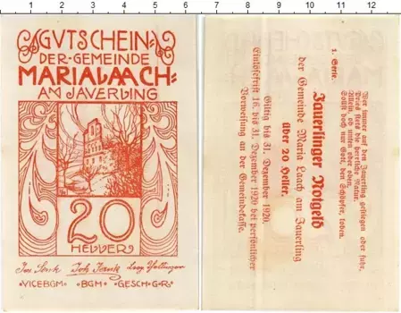 Банкнота 20 геллеров Австрии 1920 года Мария-Лах-ам-Яуэрлинг