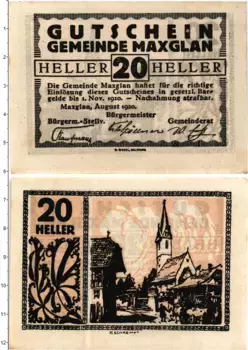 Банкнота 20 геллеров Австрии 1920 года Максглан