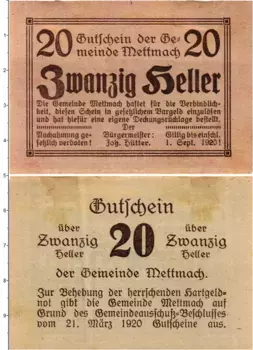 Банкнота 20 геллеров Австрии 1920 года Меттмах