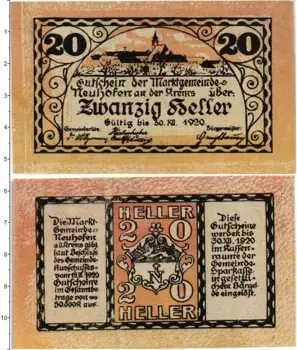 Банкнота 20 геллеров Австрии 1920 года Ньюхофен