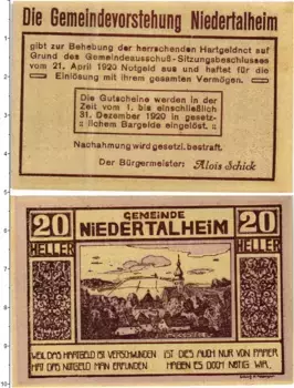 Банкнота 20 геллеров Австрии 1920 года Нидертальхайм