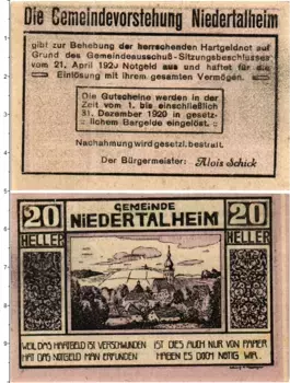 Банкнота 20 геллеров Австрии 1920 года Нидертальхайм