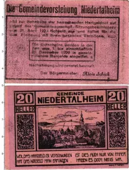 Банкнота 20 геллеров Австрии 1920 года Нидертальхайм