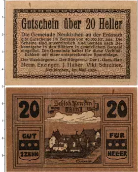 Банкнота 20 геллеров Австрии 1920 года Нойкирхен-ан-дер-Энкнах