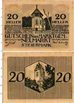 Банкнота 20 геллеров Австрии 1920 года Ноймаркт-ин-Штайермарк