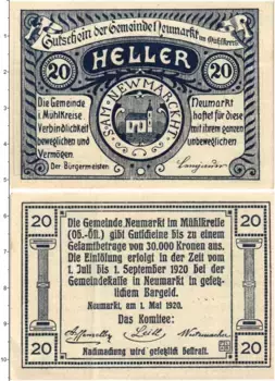 Банкнота 20 геллеров Австрии 1920 года Ноймаркт-им-Мюлькрейс