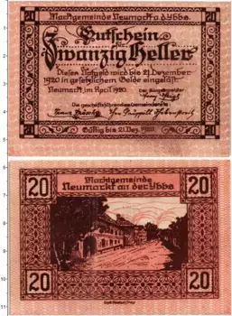 Банкнота 20 геллеров Австрии 1920 года Ноймаркт-на-Ибсе