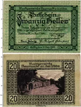 Банкнота 20 геллеров Австрии 1920 года Ноймаркт-на-Ибсе