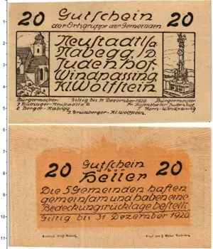 Банкнота 20 геллеров Австрии 1920 года Нойштадт