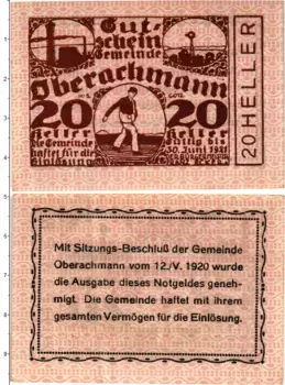 Банкнота 20 геллеров Австрии 1920 года Оберахман