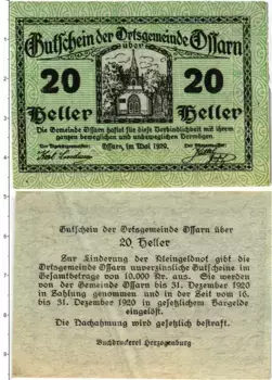 Банкнота 20 геллеров Австрии 1920 года Оссарн