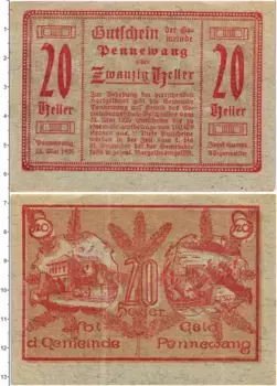 Банкнота 20 геллеров Австрии 1920 года Пенневанг