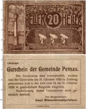 Банкнота 20 геллеров Австрии 1920 года Пернау