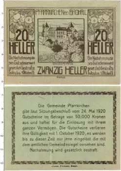 Банкнота 20 геллеров Австрии 1920 года Пфарркирхен-Бад-Халль
