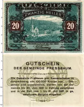 Банкнота 20 геллеров Австрии 1920 года Пресбаум
