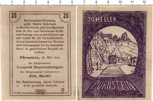 Банкнота 20 геллеров Австрии 1920 года Пюрнштайн