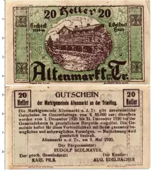 Банкнота 20 геллеров Австрии 1920 года Рыночный городок Альтенмаркт-ан-дер-Тристинг (Федеральная земля Нижняя Австрия)