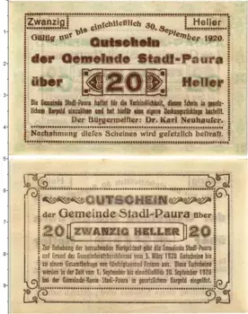 Банкнота 20 геллеров Австрии 1920 года Штадль-Паура