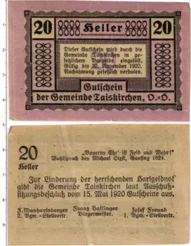 Банкнота 20 геллеров Австрии 1920 года Тайскирхен