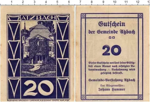 Банкнота 20 геллеров Австрии 1920 года Уцнах