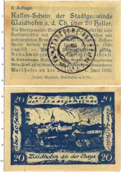 Банкнота 20 геллеров Австрии 1920 года Вайдхофен-ан-дер-Тайя