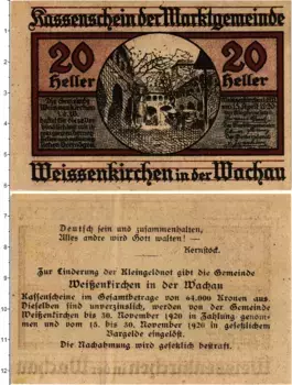 Банкнота 20 геллеров Австрии 1920 года Вайсенкирхен-ин-дер-Вахау