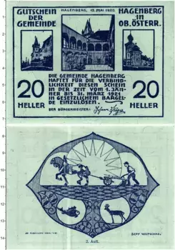 Банкнота 20 геллеров Австрии 1921 года Хагенберг