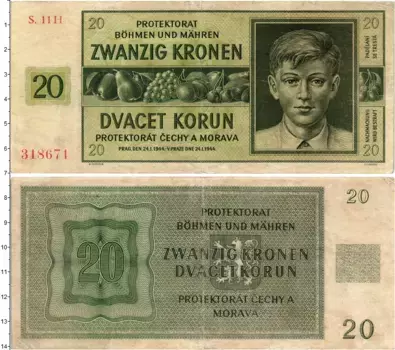 Банкнота 20 крон Богемии и Моравии 1944 года