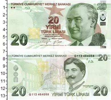 Банкнота 20 лир Турции 2009 года Портрет Мимара Кемаледдина