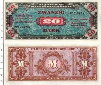 Банкнота 20 марок Германии 1944 года Союзная оккупация