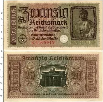 Банкнота 20 марок Третьего Рейха 1940 года Для оккупированных территорий 1940-45 гг