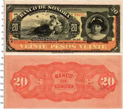 Банкнота 20 песо Мексики 1911 года Сонора