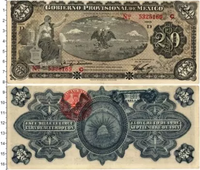 Банкнота 20 песо Мексики 1914 года Переходное правительство Мексики, штат Веракруз
