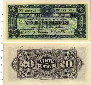 Банкнота 20 сентаво Мозамбика 1933 года Гашение 1942 года