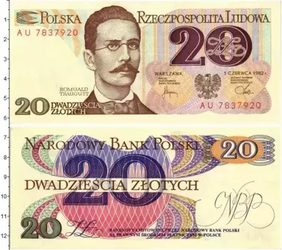 Банкнота 20 злотых Польши 1982 года Ромуальд Траугут