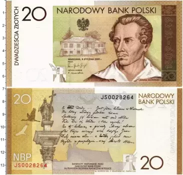 Банкнота 20 злотых Польши 2009 года ? Юбилейная банкнота "200 лет со дня рождения Юлиуша Словацкого" ? Отпразднуйте 200-летие со дня рождения великого польского поэта Юлиуша Словацкого с этой памятной банкнотой номиналом в 20 злотых, выпущенной в 2009 году