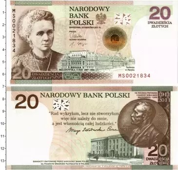 Банкнота 20 злотых Польши 2011 года Мария Склодовская-Кюри