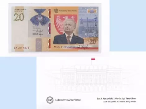 Банкнота 20 злотых Польши 2021 года Юбилейная банкнота Польши посвященная Леху Качиньскому