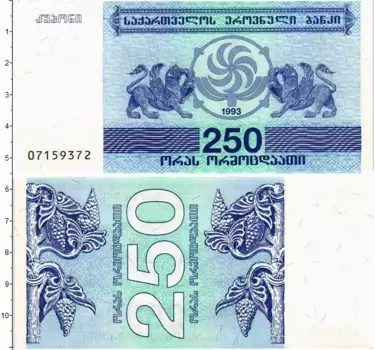 Банкнота 250 купонов Грузии 1993 года