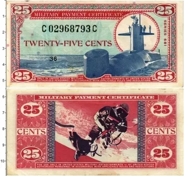 Банкнота 25 центов Америки 1969 года Военный сертификат