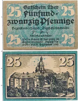 Банкнота 25 геллеров Австрии 1920 года Диппольдисвальде